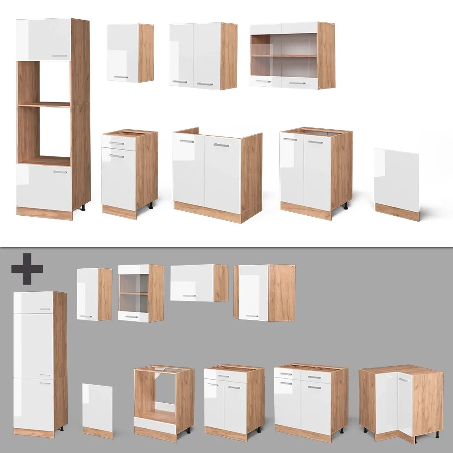 Vicco R-Line Küchenzeile 300cm, Weiß Hochglanz/Goldkraft Eiche, mit Hochschrank, ohne Arbeitsplatte.