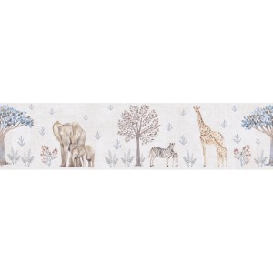 A.S. Creation Vlies-Bordüre mit Tiermotiven (Elefant, Zebra, Giraffe) in Beige, Grau und Blau für das Kinderzimmer.