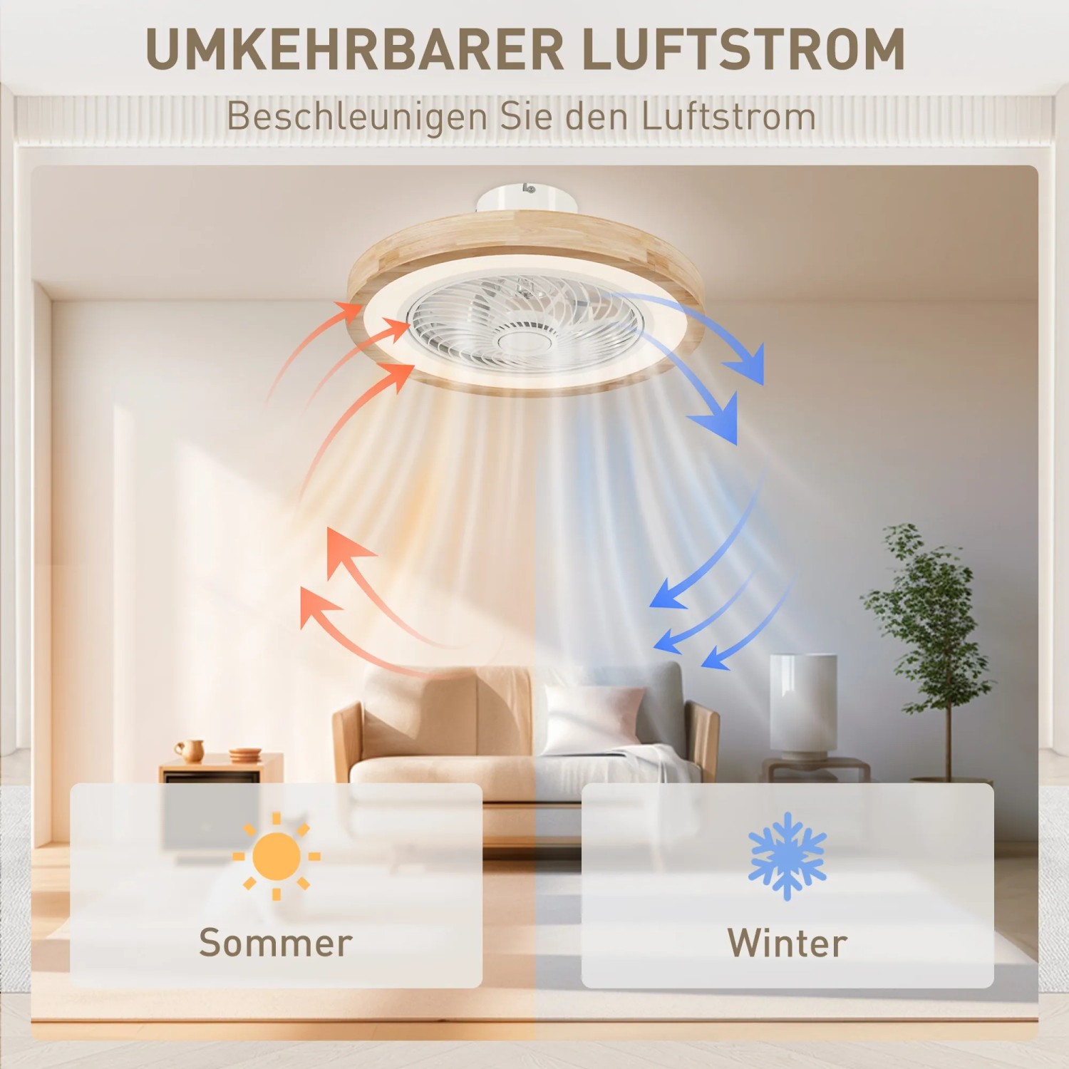 HOMCOM Deckenventilator mit Licht, umkehrbarer Luftstrom für Sommer und Winter dargestellt.