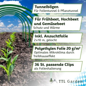 TTL GARDEN Pflanztunnel 65 x 60 cm 12er Set mit 36 Clips und PE Folie 10 x 2 m Gelocht Frühbeet Tunnel Gewächshaus Folientunnel