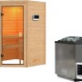 Woodfeeling Sauna Antonia mit Bio-Ofen und Glastür. Massivholzsauna mit Ofen und Steuerung.