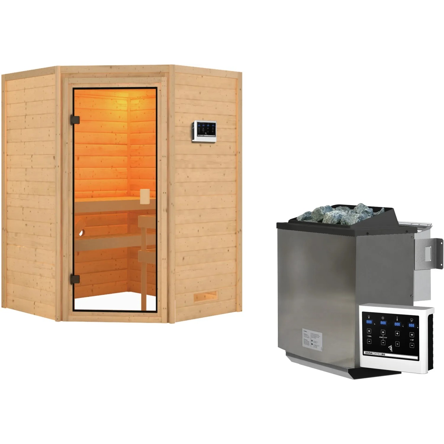 Woodfeeling Sauna Antonia mit Bio-Ofen und Glastür. Massivholzsauna mit Ofen und Steuerung.
