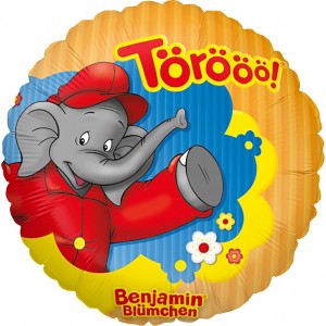 Runder Folienballon mit Benjamin Blümchen Motiv und "Törööö" Schriftzug, Ø 45 cm.