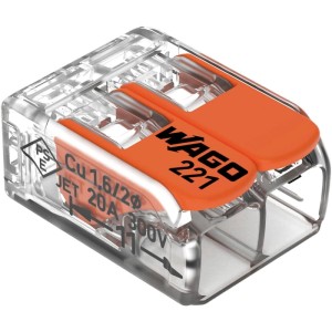 WAGO 221 Verbindungsklemme transparent/orange mit Hebel. Für 2- oder 3-polige Elektroinstallationen. Kunststoff.