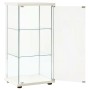 Weiße Glasvitrine mit drei Glasböden und offener Tür für Büro oder Wohnzimmer.