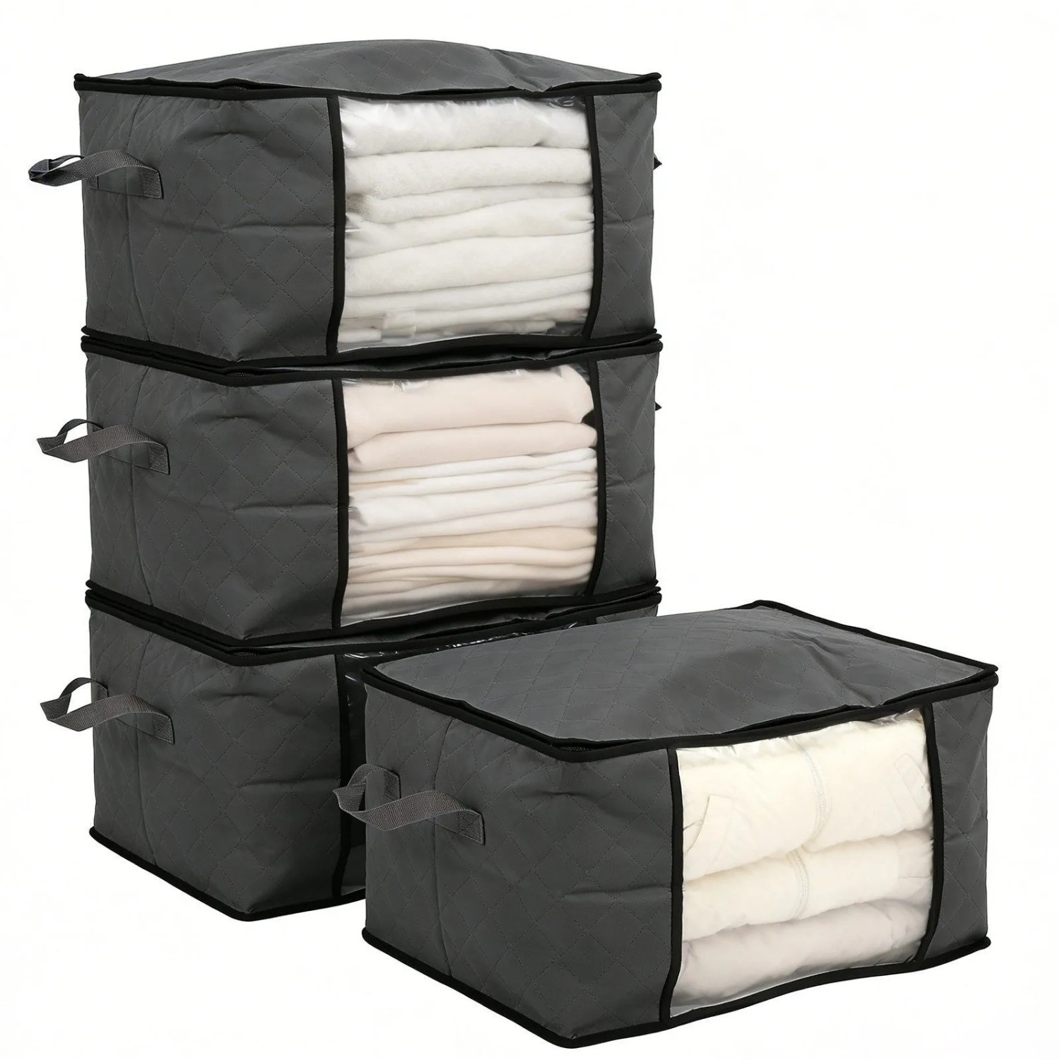 Sekey Aufbewahrungstasche Faltbar Aufbewahrungsbox mit Deckel für Bettdecken 4-tlg Kleiderschrank Organizer Reißverschluss Griffe Kleidung Bettwäsche