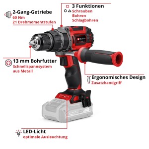 Einhell Akku-Schlagbohrschrauber TP-CD 18/60 Li-i BL Solo, rot/schwarz, mit Zusatzhandgriff.