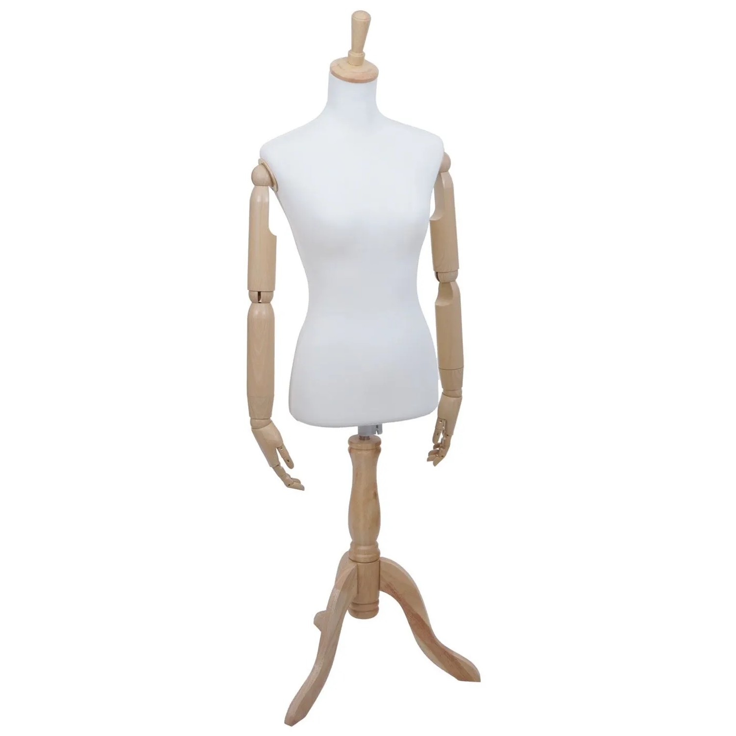 Weiße Schneiderpuppe mit beweglichen Holzarmen und höhenverstellbarem Holzstandfuß. Ideal für Schneiderei & Dekoration.