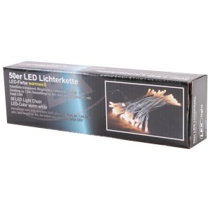 Lex 50er LED Lichterkette warmweiß mit transparentem Kabel. Verpackung für Innenbeleuchtung.