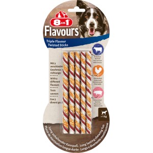 8in1 Triple Flavour Twisted Sticks, 10 Stück. Gedrehte Kausticks mit Rind, Schwein und Hähnchen für Hunde.