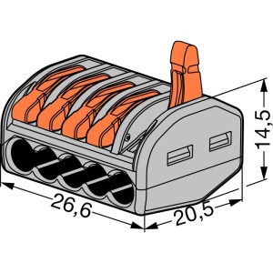 WAGO 222 5-polige Verbindungsklemme mit Hebel, grau/orange, Maße 26,6x20,5x14,5mm für Elektroinstallation.