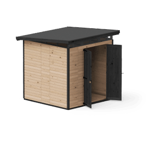 Braunes Upyard Gartenhaus Strongbox L mit geöffneter Doppeltür und Fundament.