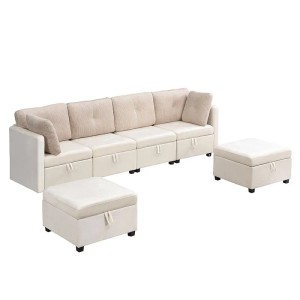 Helles Merax U-Sofa mit 6 Modulen, Samt-Cord-Design, integriertem Stauraum und 2 Hockern.