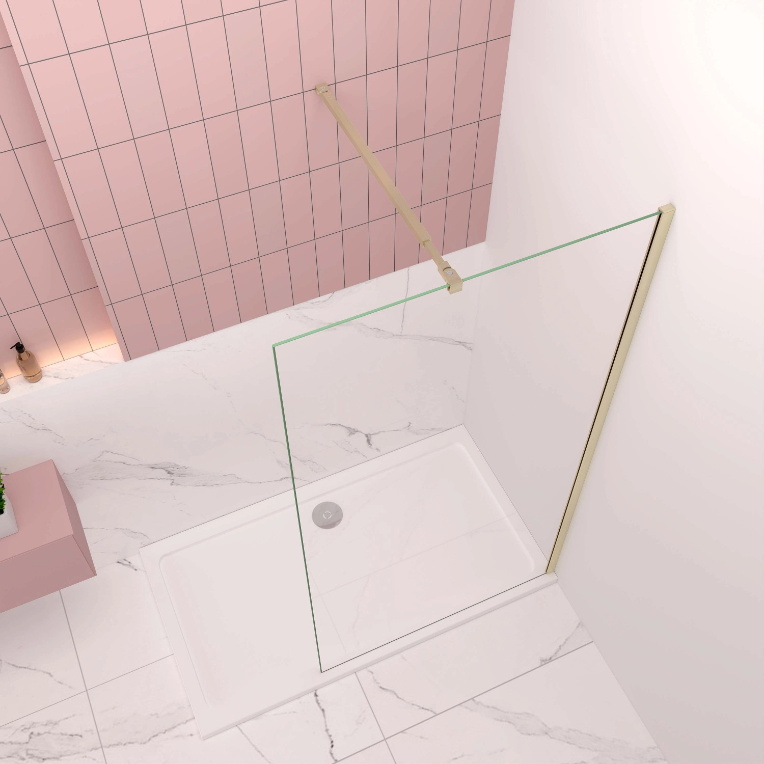 AICA Walk-In Dusche 50x200cm mit goldfarbenem Rahmen und Stabilisator.