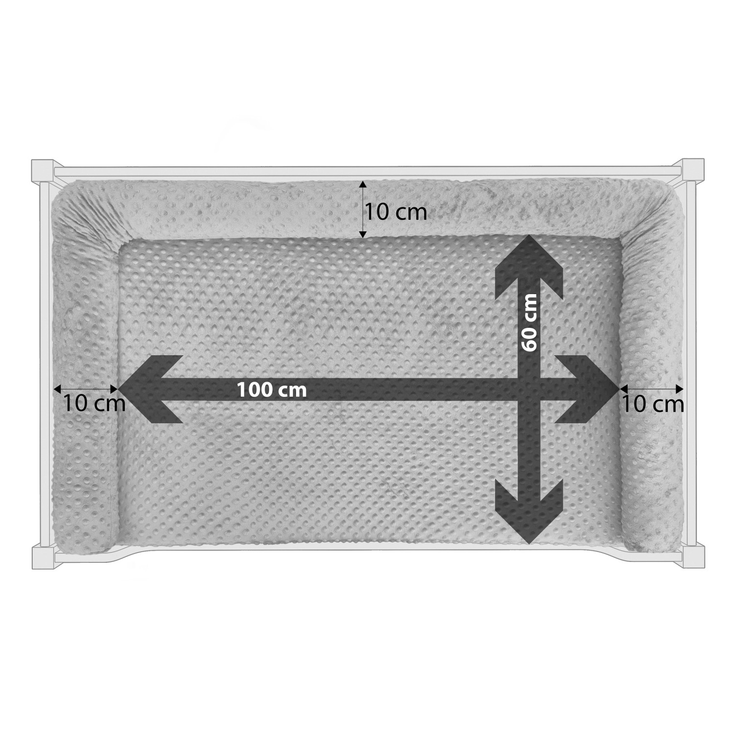 Detailaufnahme Hundesofa XXL, Kiefer Weiß, 120x70cm, mit Maßangaben. Ideal für Dogge & Bernhardiner.