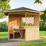 Weka Holz-Pavillon Mainau, naturbelassen, mit Rankgitter und Sitzgarnitur im Garten.