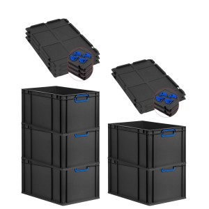 PROREGAL SparSet: 5 Euroboxen Nextgen Color, 65L, schwarz mit blauen Griffen und Auflagedeckel.