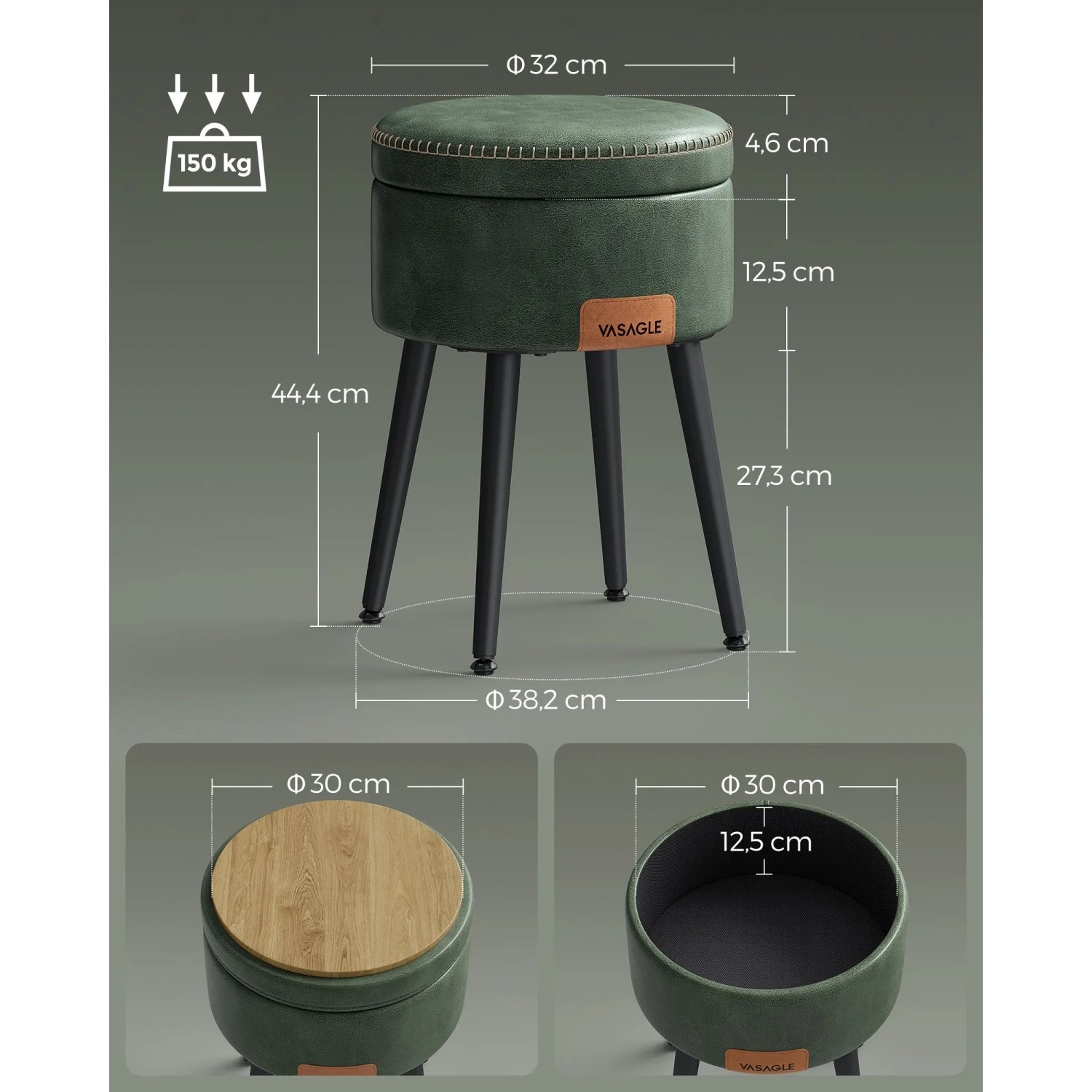 Vasagle Sitzhocker Waldgrün, Ø 32cm, mit Stauraum und schwarzen Stahlbeinen.