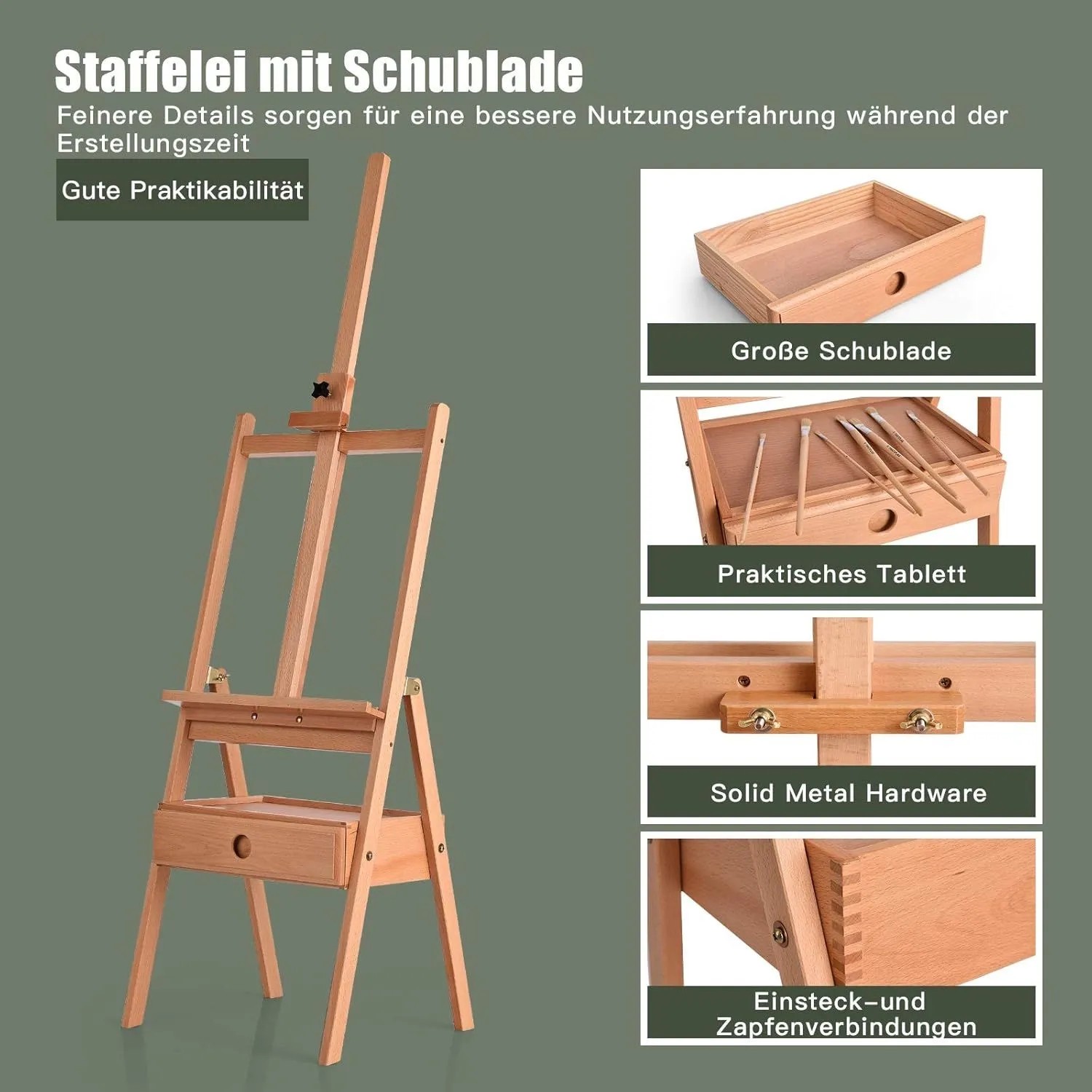 H-förmige Staffelei aus Buchenholz mit verstellbarer Leinwandhalterung, Ablage und integrierter Schublade.