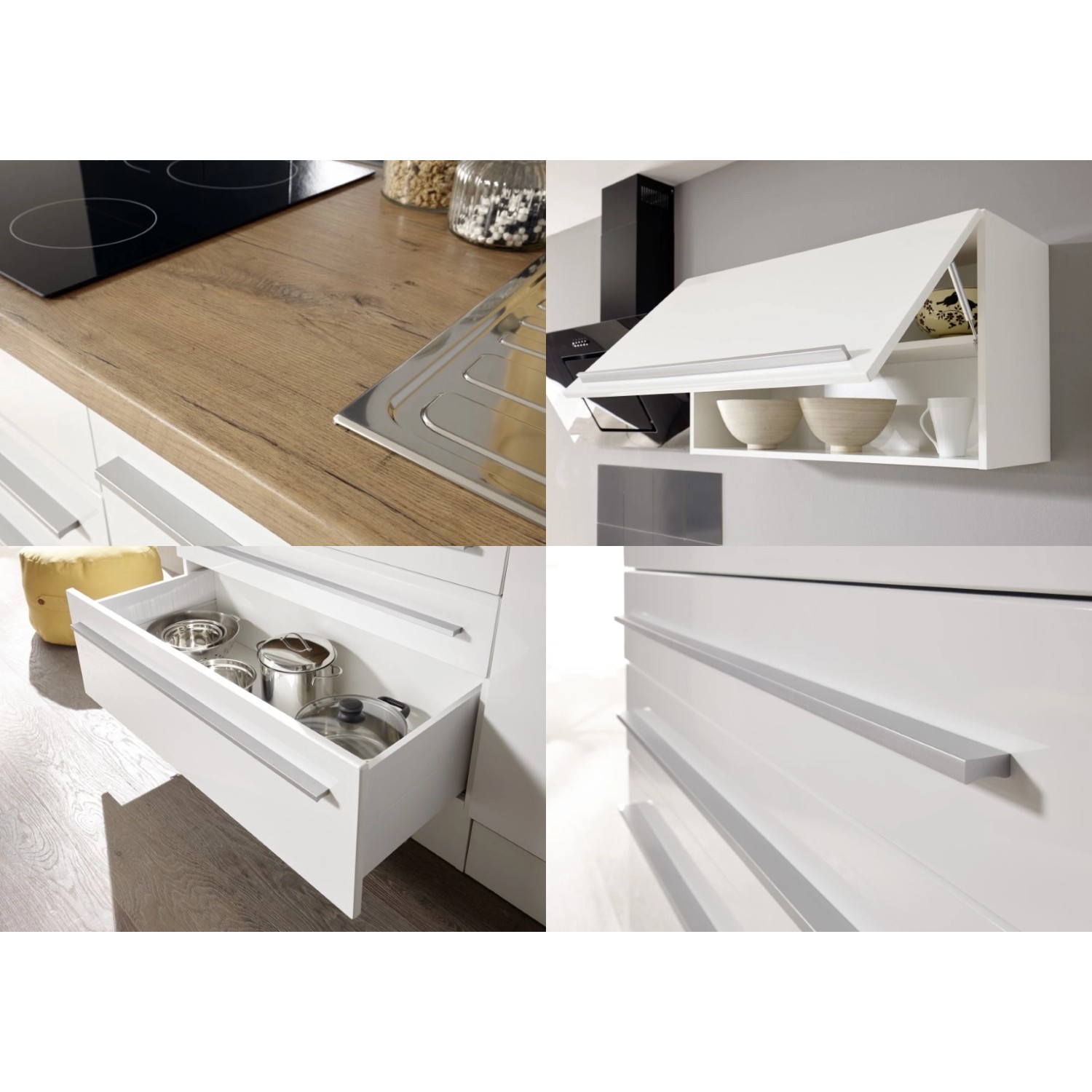 Respekta Premium Küchenzeile in Grau Hochglanz-Weiß mit Wildeiche Arbeitsplatte und Elektrogeräten.