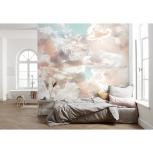 Komar Fototapete Mellow Clouds in Rosa und Blau im Schlafzimmer, 350x250 cm.