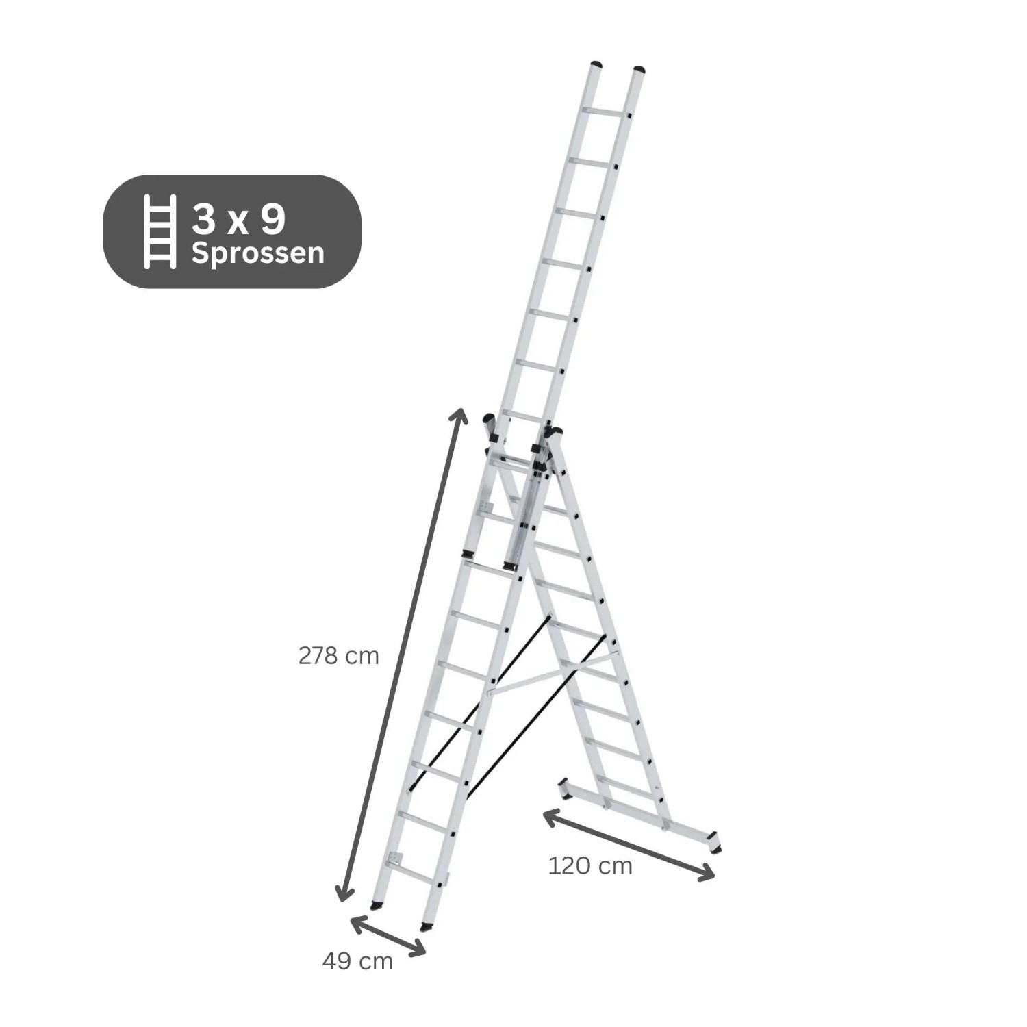 PROREGAL 3-teilige Mehrzweckleiter mit Traverse, 3x9 Sprossen, aus Aluminium.