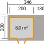 Grundriss OBI Holz-Gartenhaus Cortina mit Anbau, Maße: 330x200 cm + 130 cm Anbau, 8 m³ Volumen.