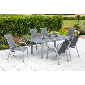 Merxx Amalfi Gartenmöbel-Set, 7-teilig, mit grauem Ausziehtisch und 6 Stapelsesseln.