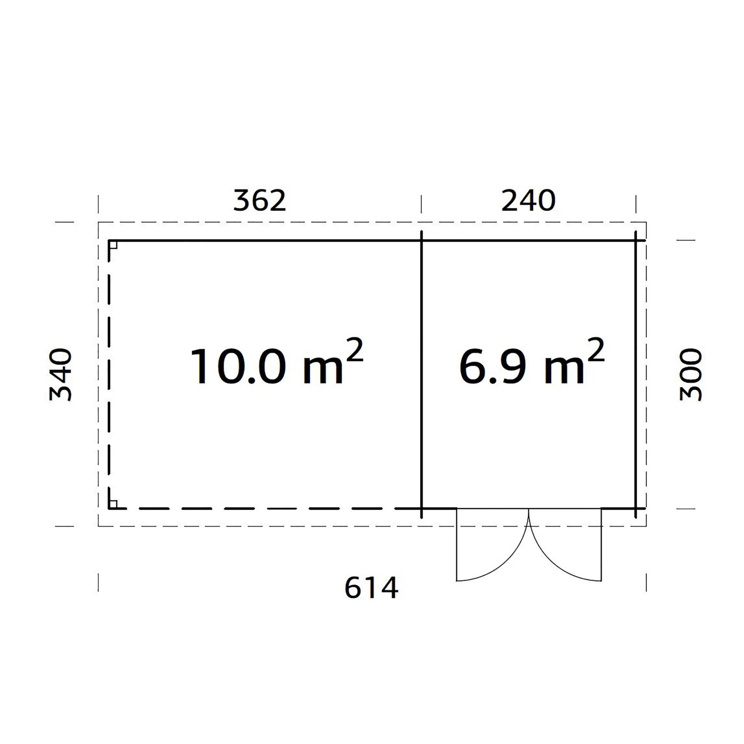 Grundriss Palmako Ella Holz-Gartenhaus: 592x300cm, mit Flächenangaben und Türposition.