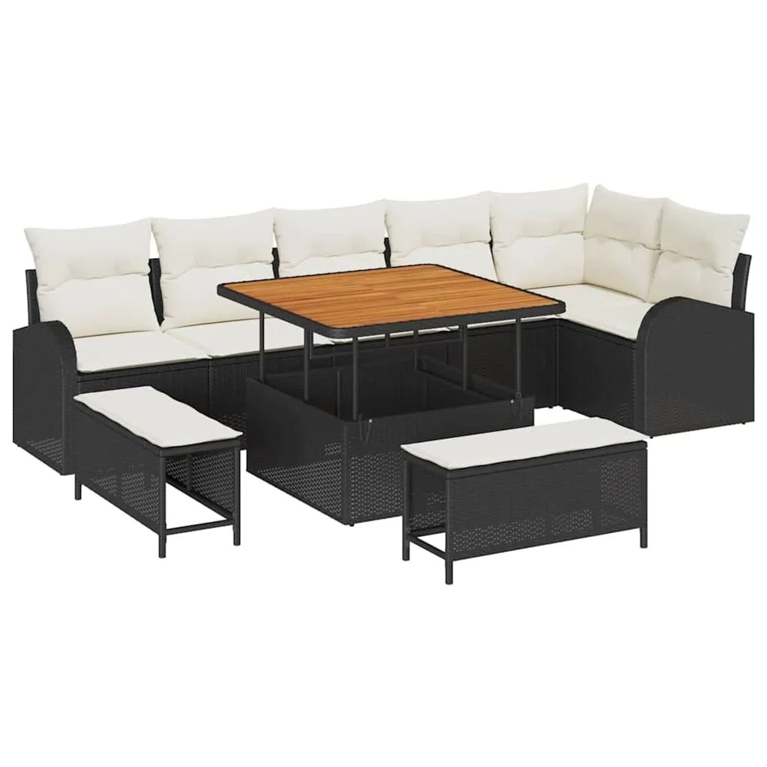 vidaXL Garten-Sofa-Set mit Kissen mit Speicher 9-Tlg Schwarz und Creme 3364355