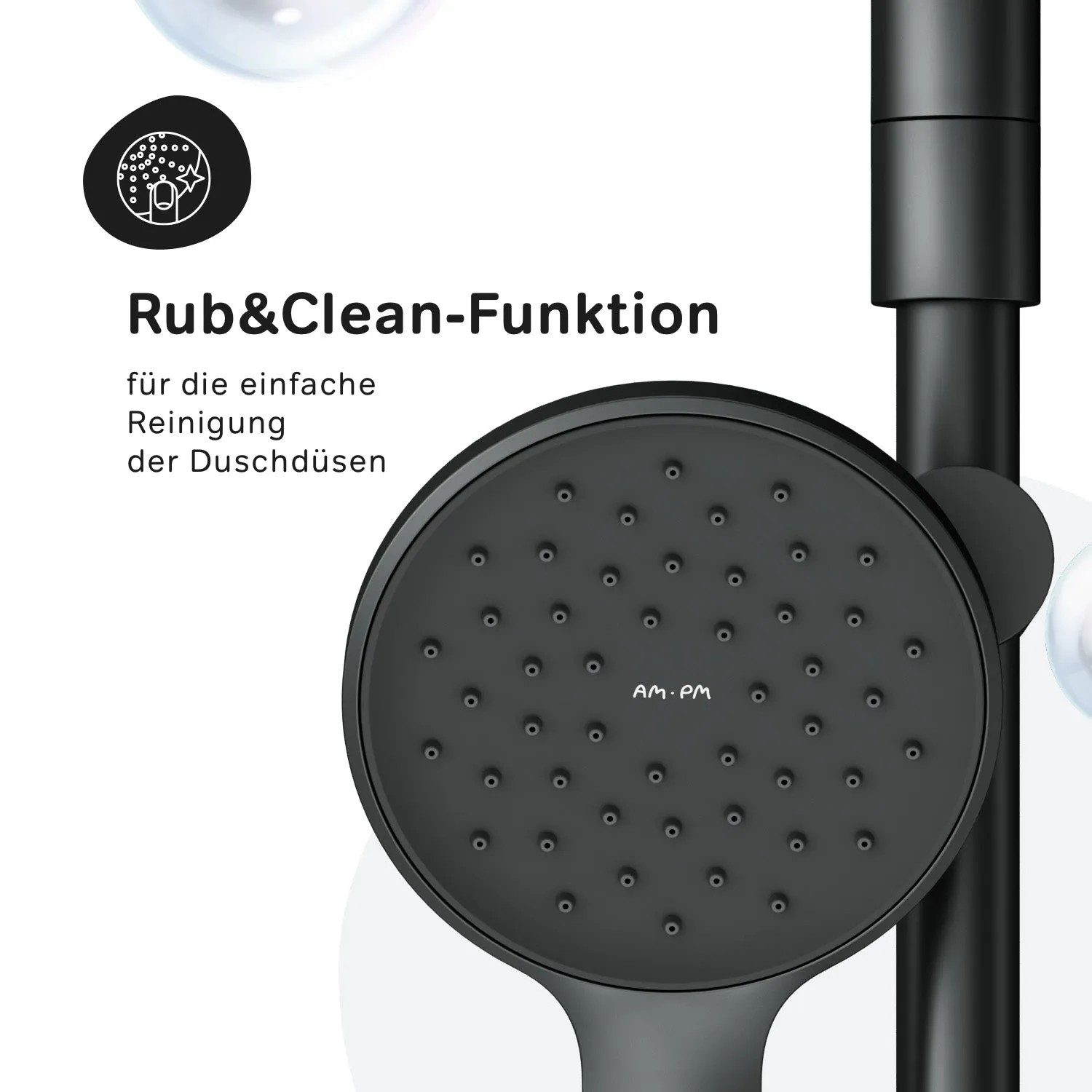 AM.PM Duscharmatur-Set Hit Schwarz: Thermostat, Handbrause und Stange mit Rub&Clean Düsen.