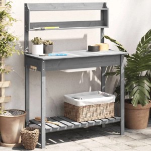 Grauer vidaXL Pflanztisch mit Waschbecken aus Tannenholz, mit Ablagen und Haken.