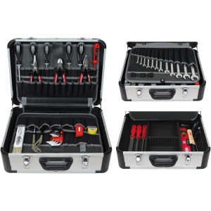 Famex Alu Werkzeugkoffer 429-88, gefüllt mit Werkzeug, geöffnet in drei Ansichten.