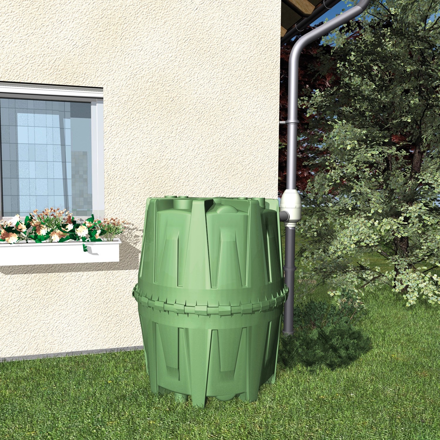 Grüne Garantia Zisterne Herkules 1600 l zur Regenwassernutzung im Garten.