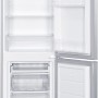 Geöffnete PKM Kühl-Gefrierkombination KG240EIX im Inox-Design mit LED-Beleuchtung und Fächern.