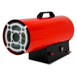 Roter EBERTH Gasheizer 50kW mit schwarzem Sockel und Tragegriff. Heizkanone für Baustellen.