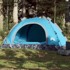 Blaues Campingzelt für 4 Personen mit Quick-Release-System im Outdoor-Bereich.