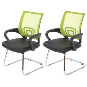 Zwei moderne PROREGAL Besucherstühle im 2er-Set. Grüne Netzstoff-Rückenlehne, schwarze Kunstleder-Sitzfläche, verchromtes Freischwinger-Gestell.