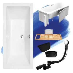 Weiße Rechteck-Badewanne QUADRO 175x80 im Set mit Styroporverkleidung, Bambusablage, schwarzer Kopfstütze und Ablauf.