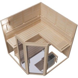 Eilo 5-Eck Sauna EL-BE 40-2121E mit Glastür und Liegen aus hellem Holz, Innenansicht.