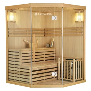 Artsauna Espoo150 Premium Sauna: Finnische Ecksauna aus Hemlock-Holz mit Glasfront und Zubehör.