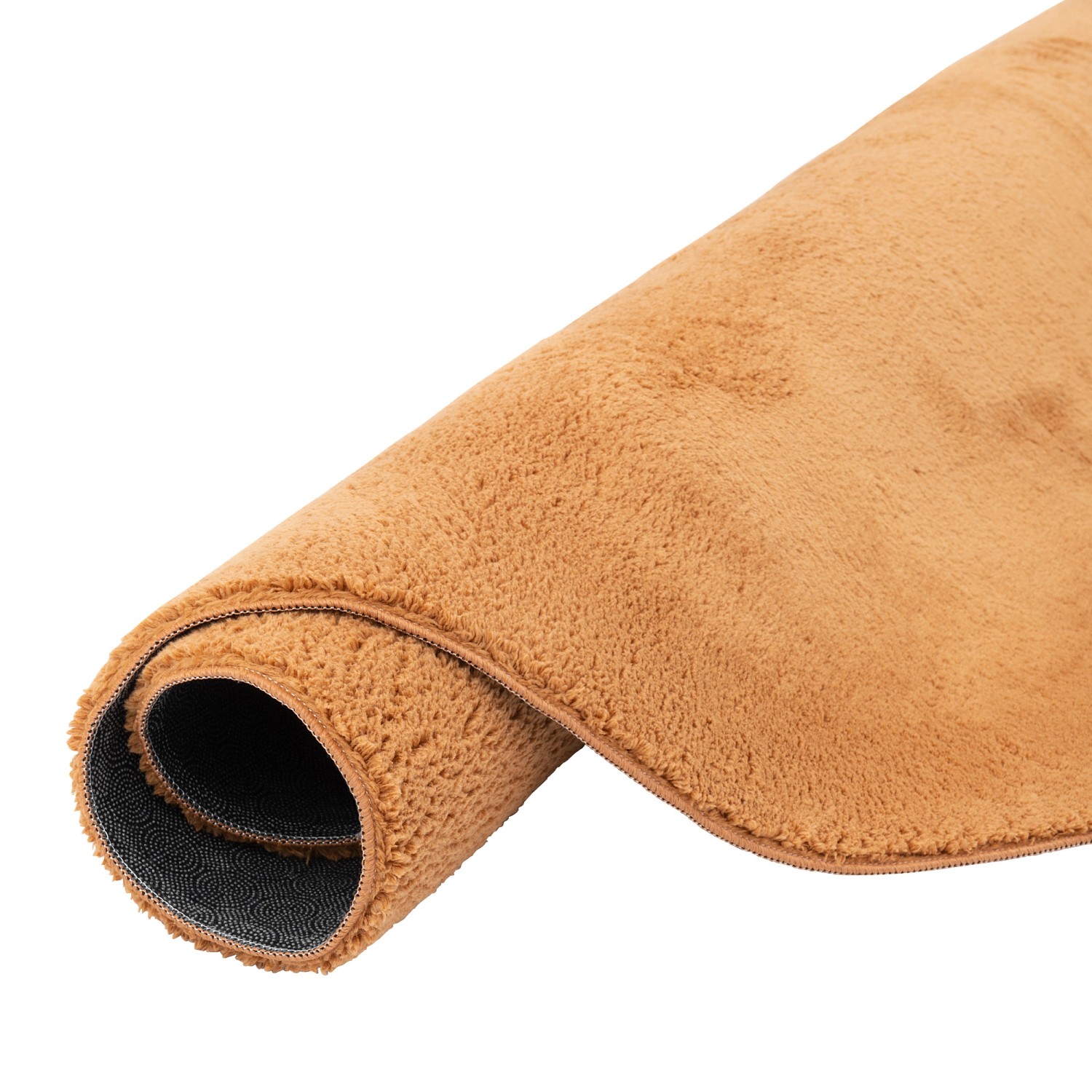 Gerollter, runder, terrakottafarbener Fellteppich Pergamon Luxus Super Soft, 120x120cm.