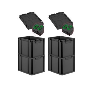 PROREGAL SuperSparSet: 4 schwarze Euroboxen mit Deckel und grünen Verschlüssen, 30 Liter.