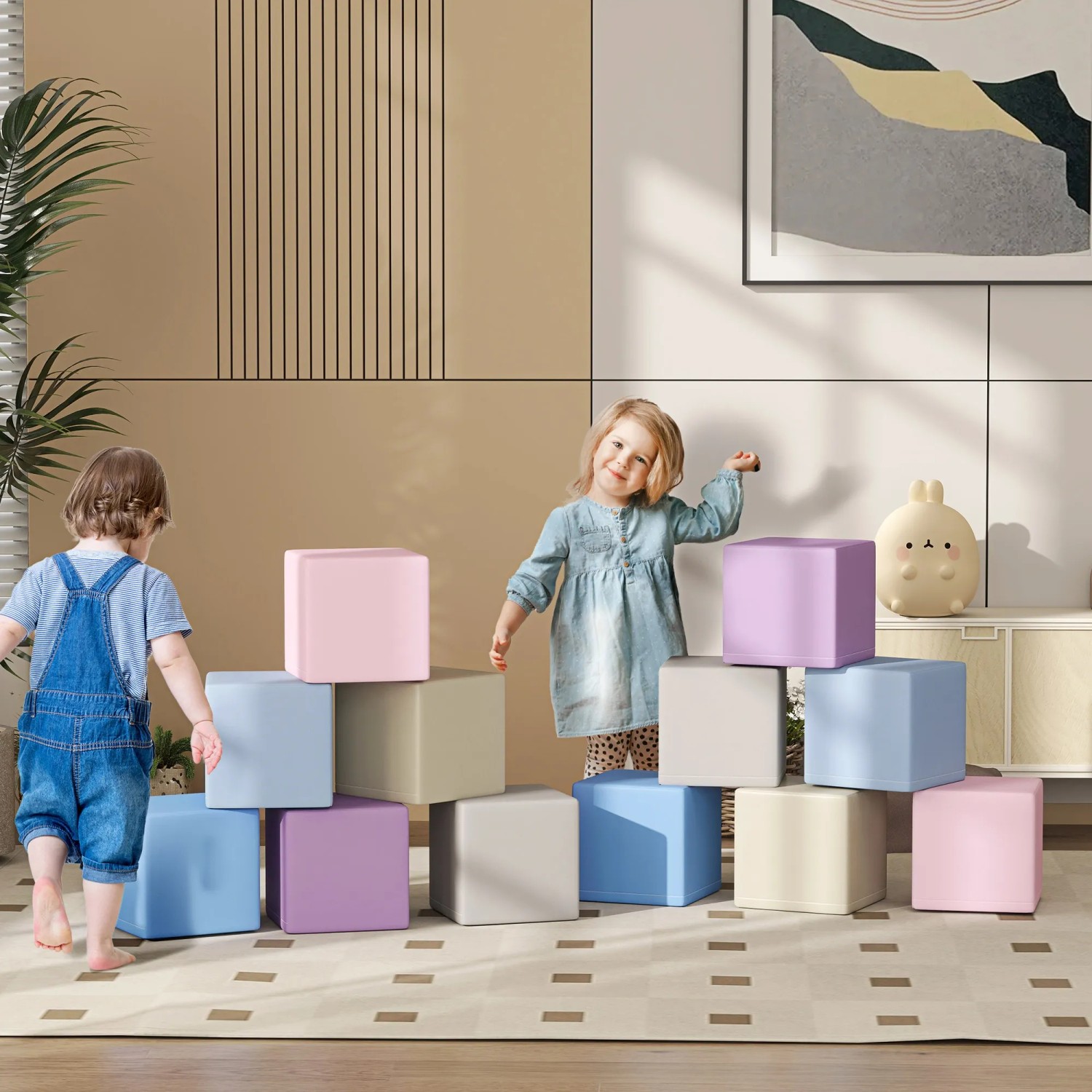 HOMCOM Bausteinset mit 12 bunten Schaumstoff-Bauklötzen für Kinder zum Spielen und Bauen.