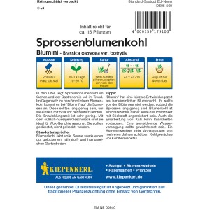 Kiepenkerl Sprossenblumenkohl Blumini F1-Hybride Samenpackung mit Aussaat- und Erntehinweisen.