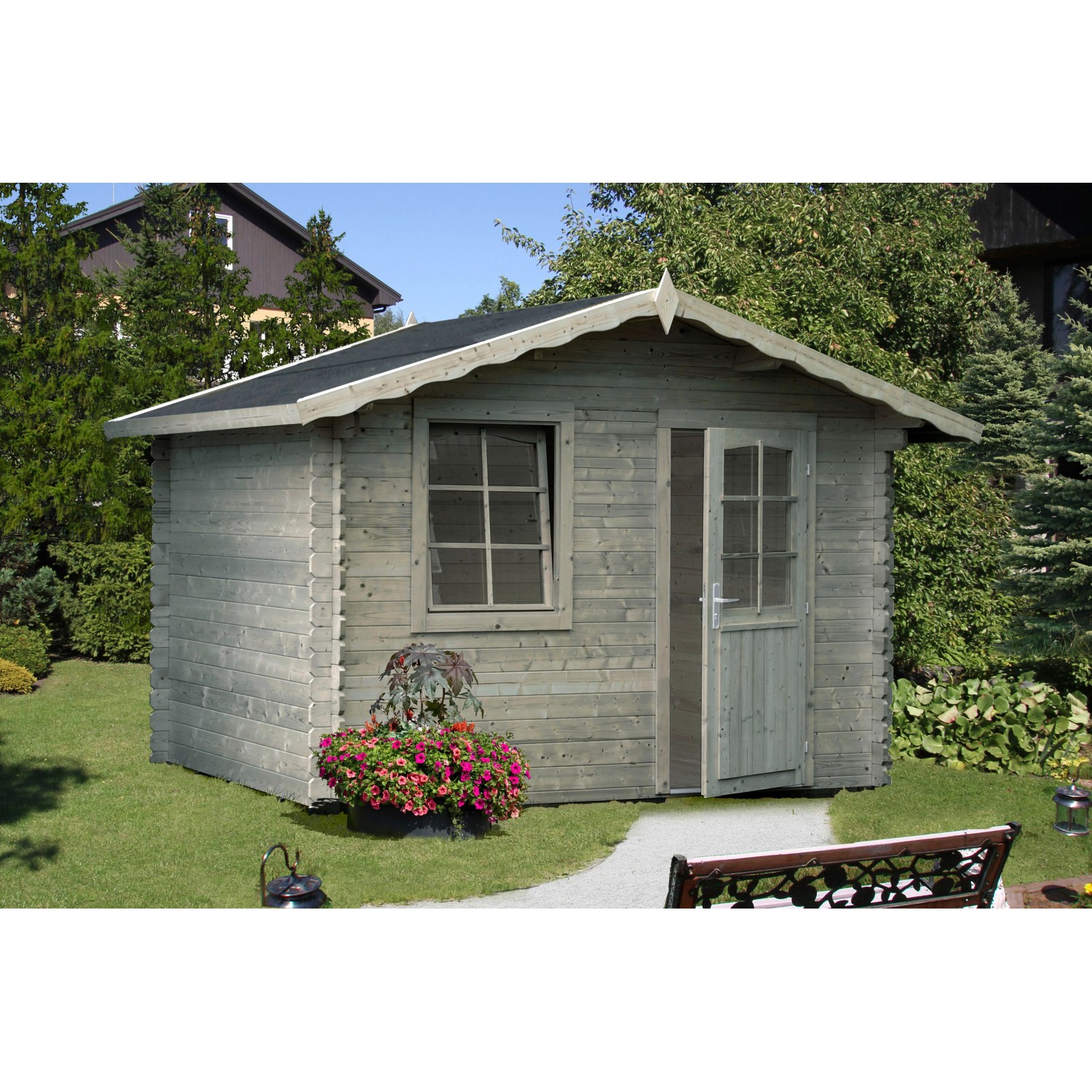 Palmako Emma Holz-Gartenhaus/Gerätehaus Grau Satteldach Tauchgrundiert 240 cm x 200 cm