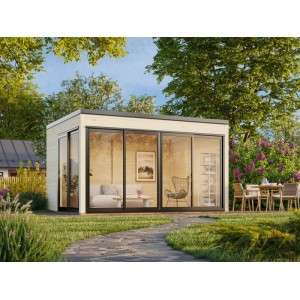 Modernes Palmako Holz-Gartenhaus mit Pultdach und großen Glasfronten im Garten.