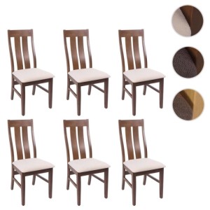 6er-Set Esszimmerstühle M58 mit dunklem Holzgestell und cremefarbenen Stoffsitzen. Hohe Rückenlehne für Komfort.