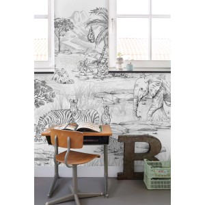 ESTAhome Fototapete Dschungeltiere in Schwarz-Weiß mit Zebra, Elefant und Tiger.