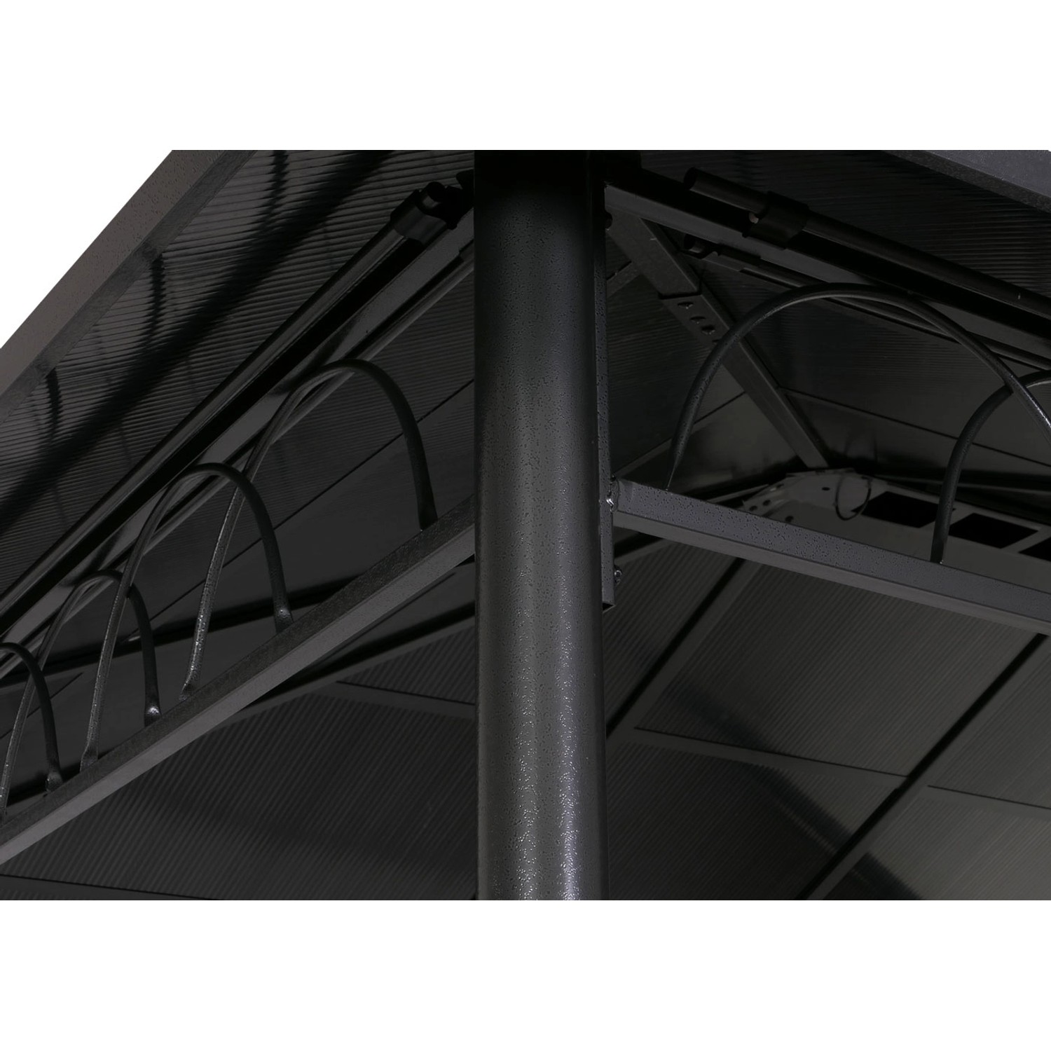 Detailansicht der grauen MCW Hardtop Pergola M81 (3,6x3m) mit festem Dach und Stahlgestell.